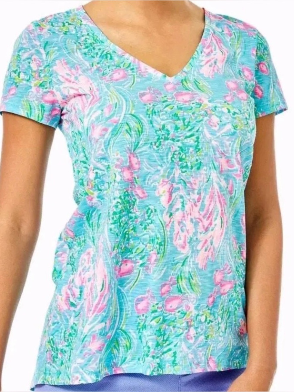 Lilly Pulitzer Women's Blue Pink Green Floral V-Neck Cotton Knit Tee Size S